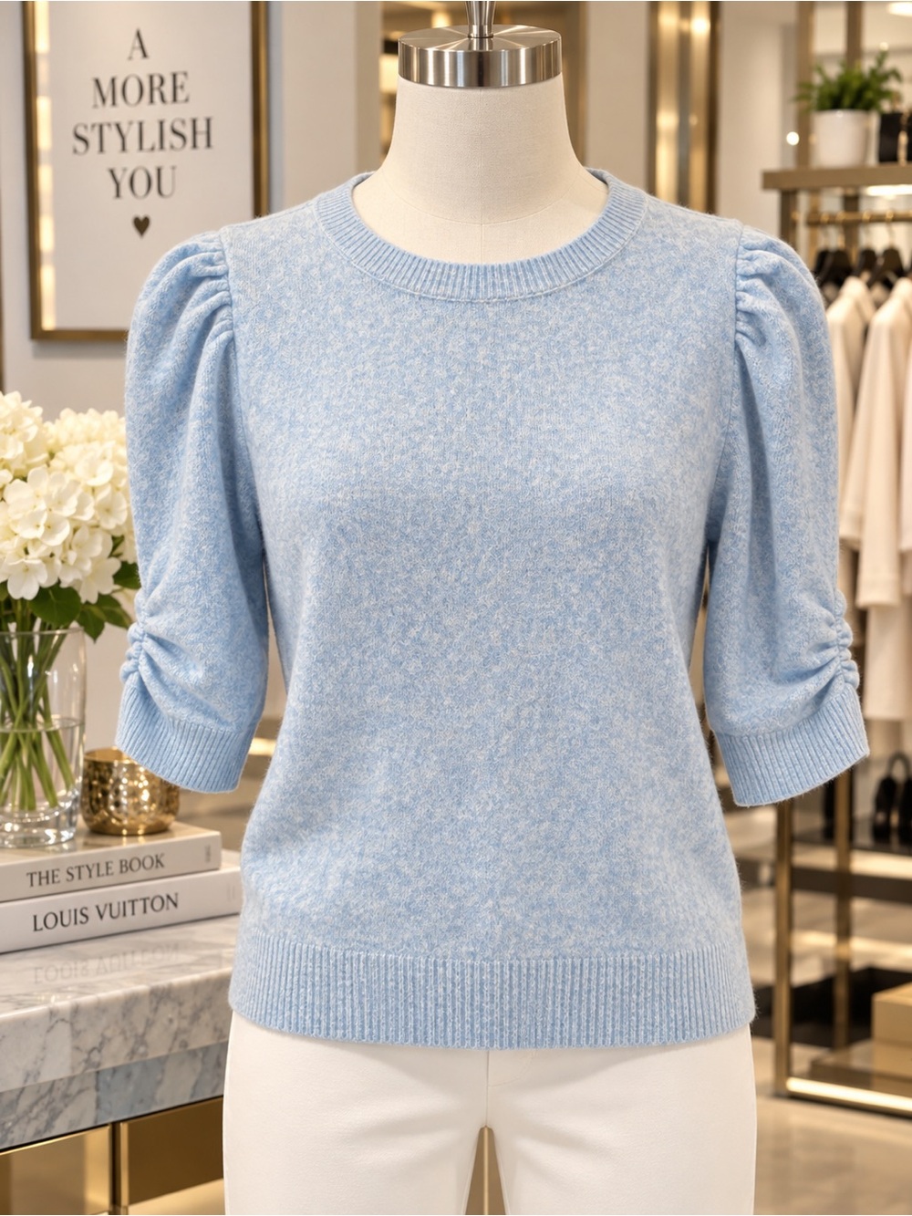 White House Black Market Light Blue Puff-Sleeve Crewneck Sweater